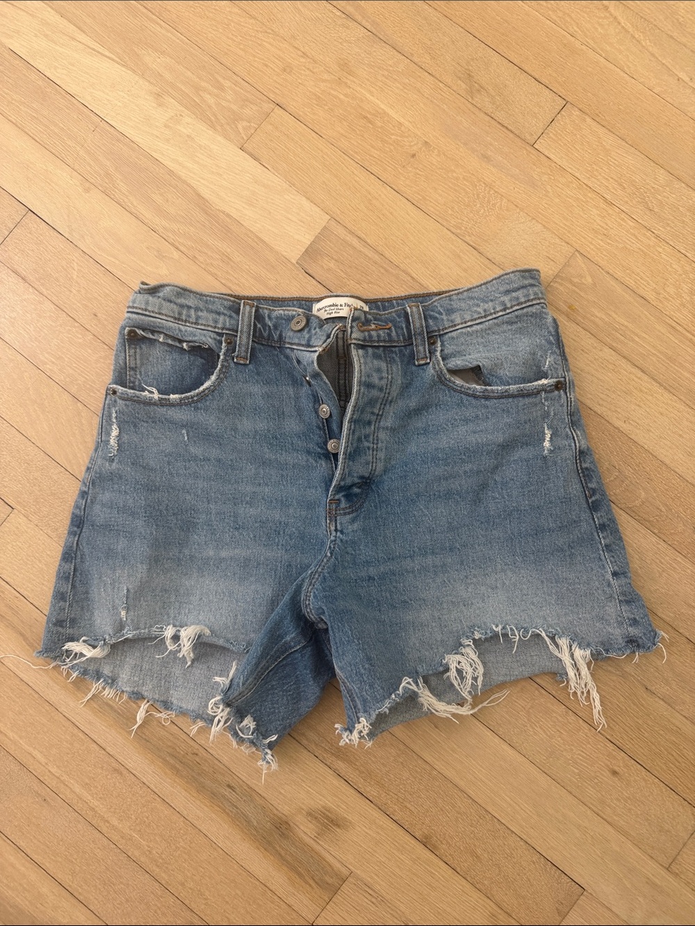 Abercrombie & Fitch The Dad Short High Rise Frayed Light Blue Denim Shorts
